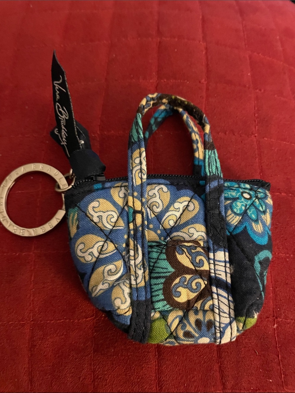 Vera Bradley Teal Navy Floral Mini Tote  Keychain- Bag Charm EUC